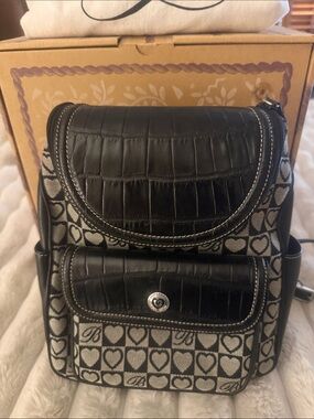 Brighton Black Heart-Pattern Backpack with Croc-Textured Trim
